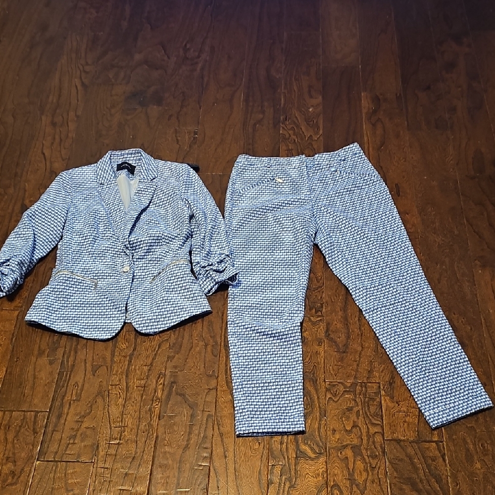 Orsay Blue and White Houndstooth Blazer and Pants Set
